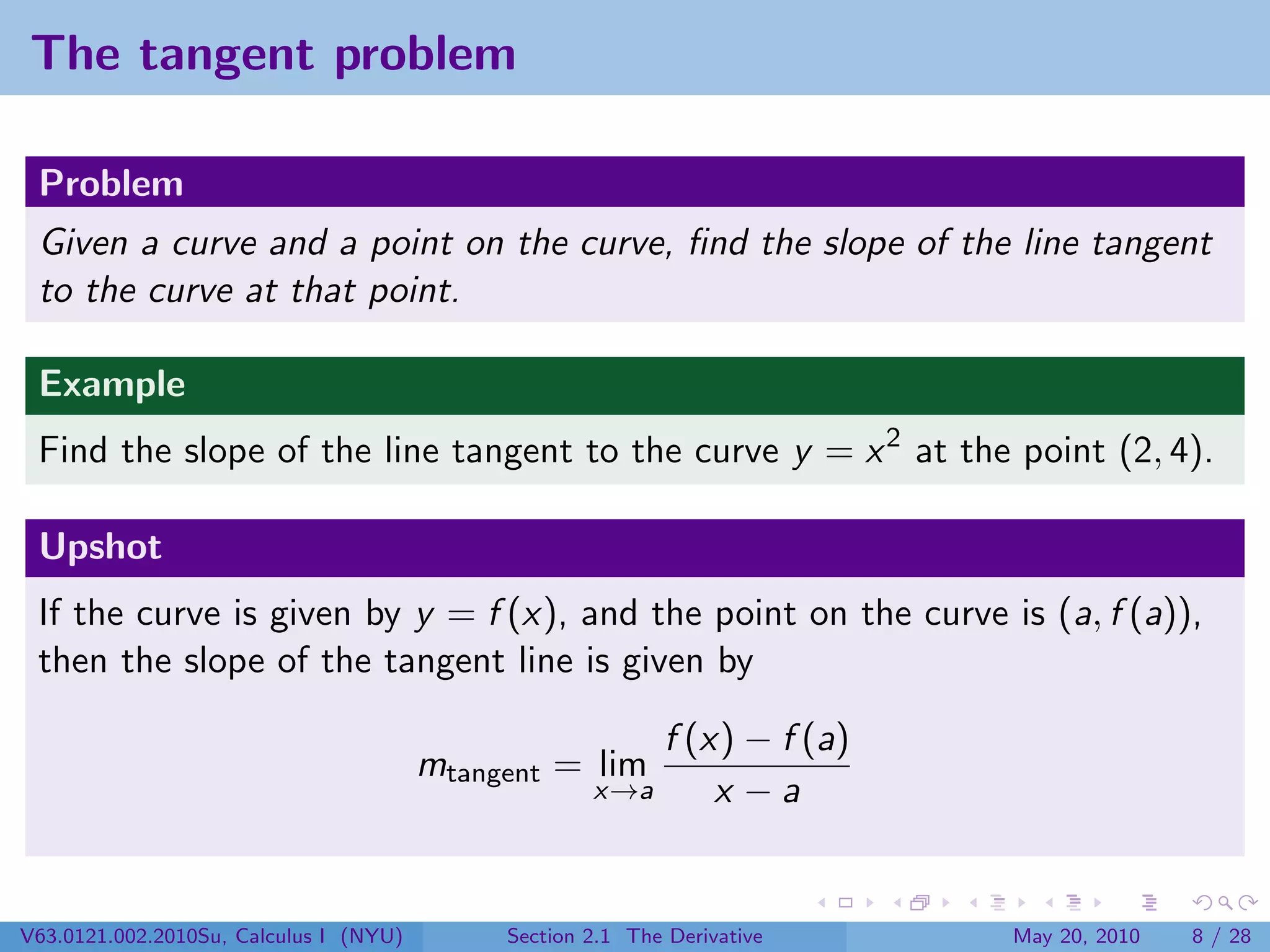The tangent problem

 Problem
 Given a curve and a point on the curve, ﬁnd the slope of the line tangent
 to the curve at that point.

 Example
 Find the slope of the line tangent to the curve y = x 2 at the point (2, 4).

 Upshot
 If the curve is given by y = f (x), and the point on the curve is (a, f (a)),
 then the slope of the tangent line is given by

                                                         f (x) − f (a)
                                        mtangent = lim
                                                     x→a     x −a


V63.0121.002.2010Su, Calculus I (NYU)        Section 2.1 The Derivative   May 20, 2010   8 / 28
 