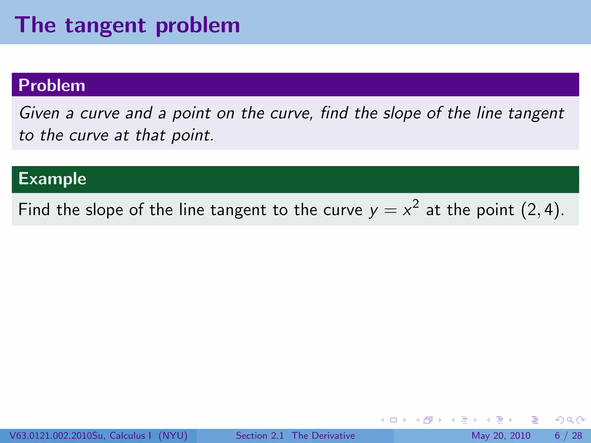 The tangent problem

 Problem
 Given a curve and a point on the curve, ﬁnd the slope of the line tangent
 to the curve at that point.

 Example
 Find the slope of the line tangent to the curve y = x 2 at the point (2, 4).




V63.0121.002.2010Su, Calculus I (NYU)   Section 2.1 The Derivative   May 20, 2010   6 / 28
 
