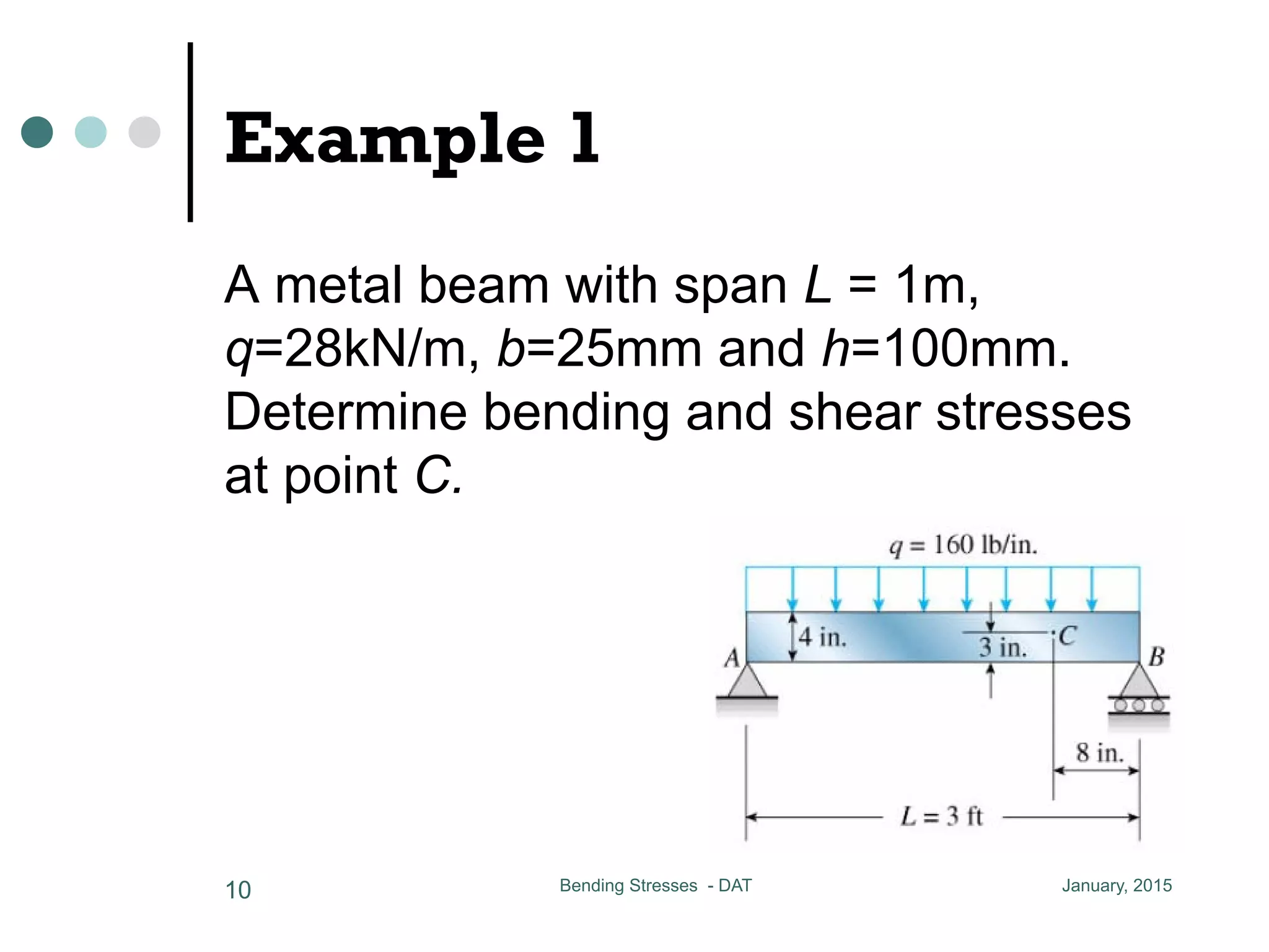 Example 1
A metal beam with span L = 1m,
q=28kN/m, b=25mm and h=100mm.
Determine bending and shear stresses
at point C.
January, 2015Bending Stresses - DAT10
23
ear force varies continuously along the beam, the warping of cross
due to shear strains does not substantially affect the longitudinal
y more experimental investigation
it is quite justifiable to use the flexure formula in the case of
rm bending, except the region near the concentrate load acts of
ly change of the cross section (stress concentration)
5-11
al beam with span L = 1 m
8 kN/m b = 25 mm h = 100 mm
 