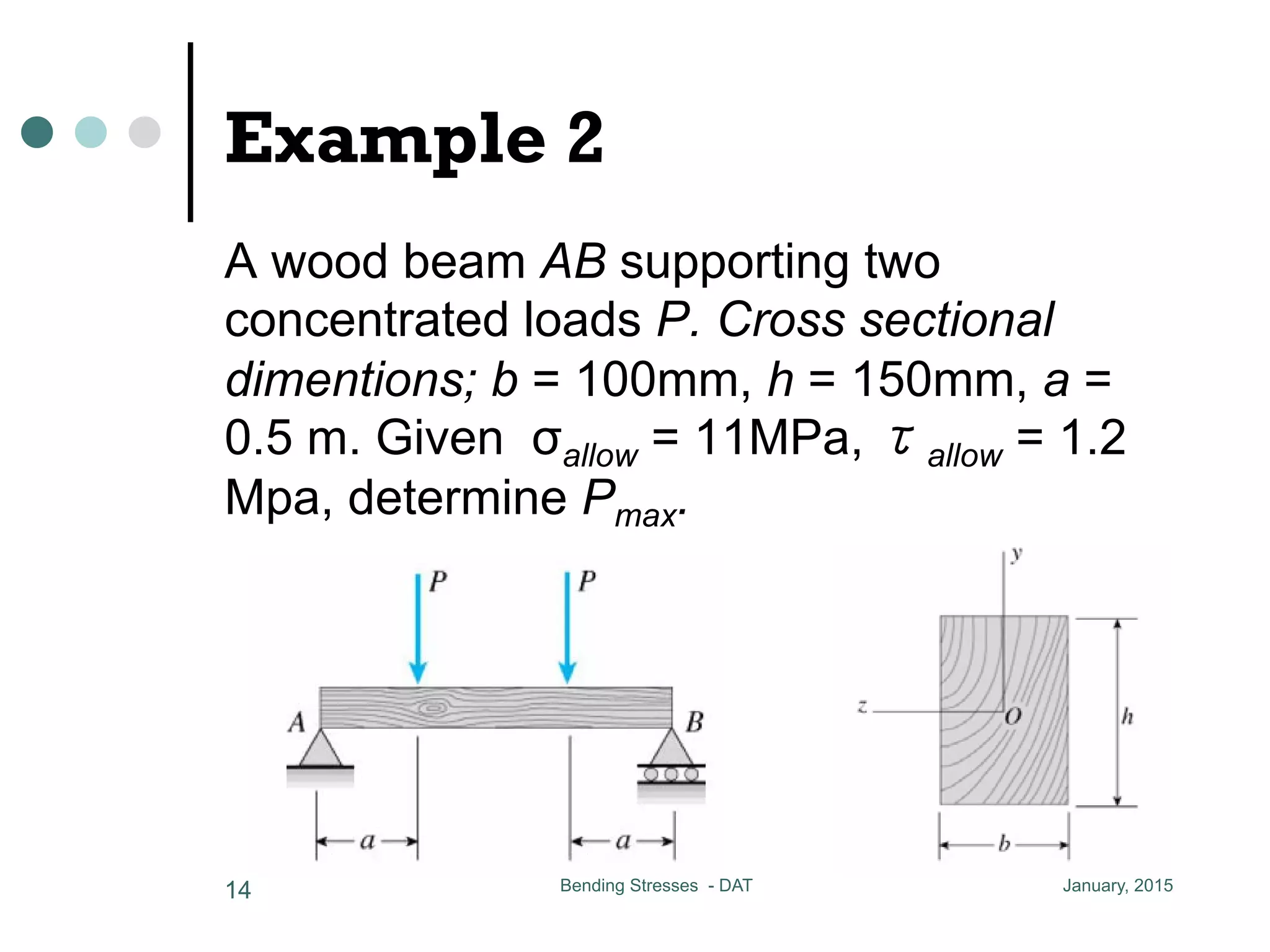 Example 2
A wood beam AB supporting two
concentrated loads P. Cross sectional
dimentions; b = 100mm, h = 150mm, a =
0.5 m. Given σallow = 11MPa, τallow = 1.2
Mpa, determine Pmax.
January, 2015Bending Stresses - DAT14
ate QC first
m2
yC = 37.5 mm
3,400 mm3
8,400 x 23,400
CCCCCCC = 3.8 MPa
2,083 x 103
x 25
C is shown
pporting two
50 mm
a = 0.5 m allow = 11 MPa allow = 1.2 MPa
determine Pmax
the maximum shear force and bending moment are
Vmax = P Mmax = P a
the section modulus and area are
b h2
S = CC A = b h
6
 