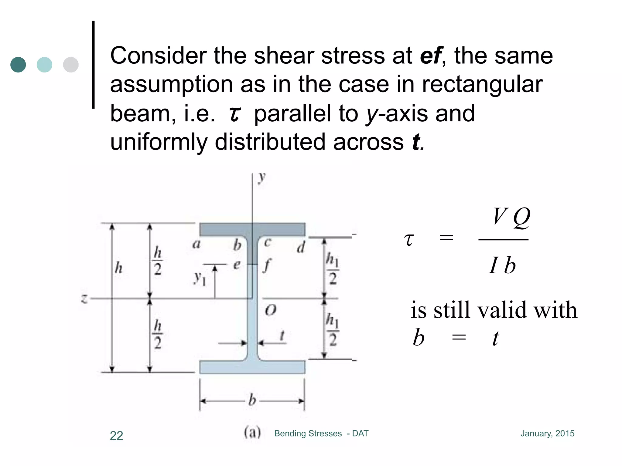 mly distributed across t
valid with b = t
of
vided
the
area
n the
January, 2015Bending Stresses - DAT22
Consider the shear stress at ef, the same
assumption as in the case in rectangular
beam, i.e. τ parallel to y-axis and
uniformly distributed across t.
stresses in the web
consider the shear st
assumption as in the case
// y axis and uniform
V Q
= CC is still
I b
the first moment Q
the shaded area is di
into two parts, i.e.
upper flange and the
is much more complicated
most of the shear force is carried
stresses in the web
consider the shear stress at ef,
assumption as in the case in rectangular
// y axis and uniformly distributed
V Q
= CC is still valid with b
I b
the first moment Q of
the shaded area is divided
subjected to shear force V, shear stress
is much more complicated
most of the shear force is carried by shear
stresses in the web
consider the shear stress at ef, the same
assumption as in the case in rectangular beam, i.e.
// y axis and uniformly distributed across t
V Q
= CC is still valid with b = t
I b
the first moment Q of
 