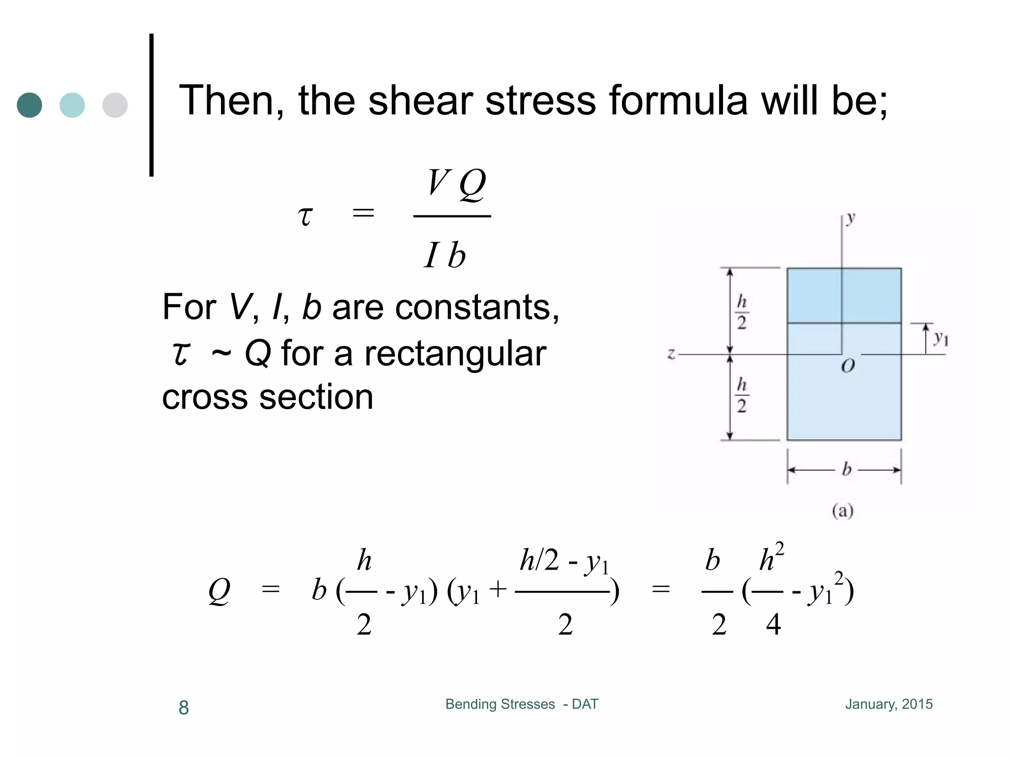 Then, the shear stress formula will be;
January, 2015Bending Stresses - DAT8
denote Q = y dA is the first moment of
above the level y (area mm1p1p) at which the shear stre
V Q
= CC shear stress formula
I b
for V, I, b are constants, ~ Q
for a rectangular cross section
h h/2 - y1 b h2
Q = b (C - y1) (y1 + CCC) = C (C
2 2 2 4
V h2
then = CC (C - y1
2
)
2 I 4
For V, I, b are constants,
τ ~ Q for a rectangular
cross section
dx Ib I b
enote Q = y dA is the first moment of the cross section
e the level y (area mm1p1p) at which the shear stress acts, then
V Q
= CC shear stress formula
I b
or V, I, b are constants, ~ Q
or a rectangular cross section
h h/2 - y1 b h2
Q = b (C - y1) (y1 + CCC) = C (C - y1
2
)
2 2 2 4
V h2
2
dM 1 V
= CC C y dA = CC y dA
dx Ib I b
denote Q = y dA is the first moment of the cross section
above the level y (area mm1p1p) at which the shear stress acts, then
V Q
= CC shear stress formula
I b
for V, I, b are constants, ~ Q
for a rectangular cross section
h h/2 - y1 b h2
Q = b (C - y1) (y1 + CCC) = C (C - y1
2
)
2 2 2 4
V h2
then = CC (C - y1
2
)
 