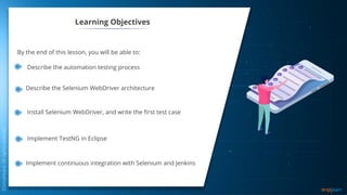 Learning Objectives
By the end of this lesson, you will be able to:
Describe the automation testing process
Describe the Selenium WebDriver architecture
Install Selenium WebDriver, and write the first test case
Implement TestNG in Eclipse
Implement continuous integration with Selenium and Jenkins
 