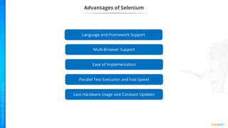 Advantages of Selenium
Language and Framework Support
Multi-Browser Support
Ease of Implementation
Parallel Test Execution and Fast Speed
Less Hardware Usage and Constant Updates
 