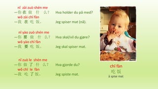 nǐ zài zuò shén me
—你 在 做 什 么？ Hva holder du på med?
wǒ zài chī fàn
—我 在 吃 饭。 Jeg spiser mat (nå).
nǐ yào zuò shén me
—你 要 做 什 么？ Hva skal/vil du gjøre?
wǒ yào chī fàn
—我 要 吃 饭。 Jeg skal spiser mat.
nǐ zuò le shén me
—你 做 了 什 么？ Hva gjorde du?
wǒ chī le fàn
—我 吃 了 饭。 Jeg spiste mat.
chī fàn
吃 饭
å spise mat
 