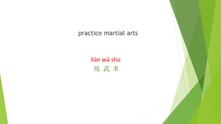 practice martial arts
liàn wǔ shù
练 武 术
 