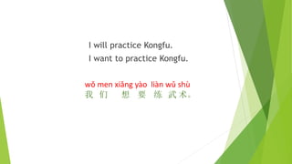 I will practice Kongfu.
I want to practice Kongfu.
wǒ men xiǎng yào liàn wǔ shù
我 们 想 要 练 武 术。
 