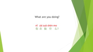 What are you doing?
nǐ zài zuò shén me
你 在 做 什 么？
 