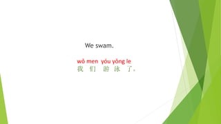 We swam.
wǒ men yóu yǒng le
我 们 游 泳 了。
 
