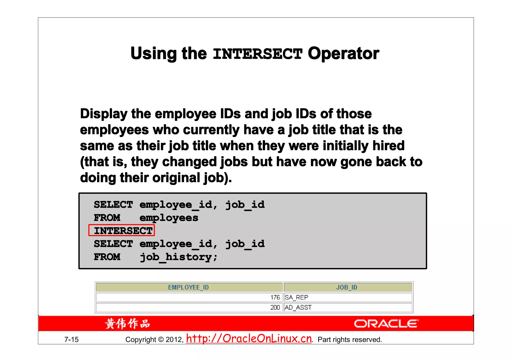 Using the INTERSECT Operator


       Display the employee IDs and job IDs of those
       employees who currently have a job title that is the
       same as their job title when they were initially hired
       (that is, they changed jobs but have now gone back to
       doing their original job).
         SELECT employee_id, job_id
         FROM   employees
         INTERSECT
         SELECT employee_id, job_id
         FROM   job_history;




7-15          Copyright © 2012, http://OracleOnLinux.cn. Part rights reserved.
 