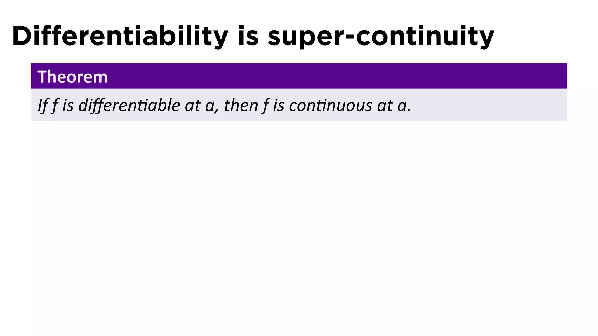 Diﬀerentiability is super-continuity
 Theorem
 If f is diﬀeren able at a, then f is con nuous at a.
 