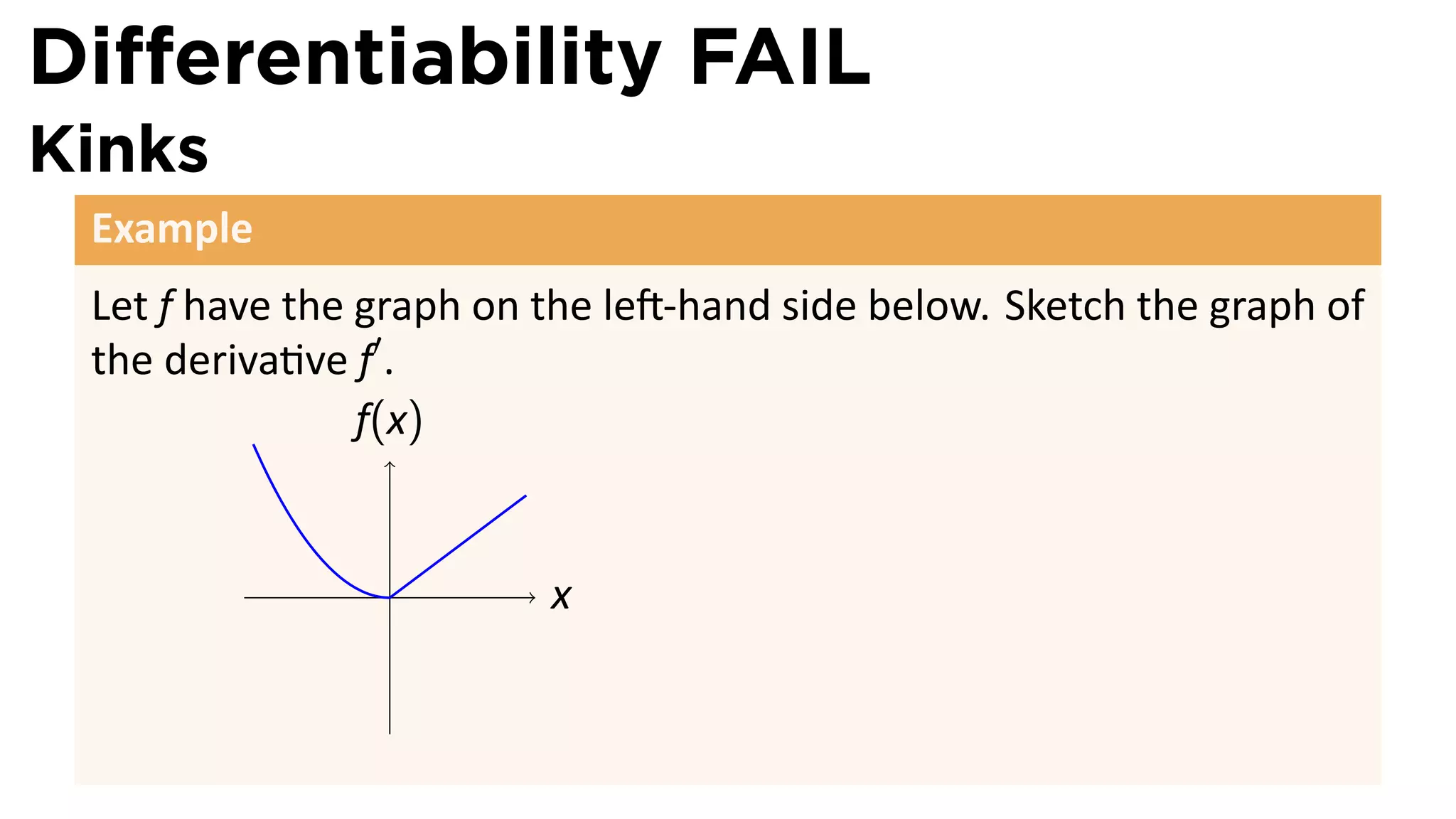 Diﬀerentiability FAIL
Kinks
 Example
 Let f have the graph on the le -hand side below. Sketch the graph of
 the deriva ve f′ .
                f(x)


                .        x
 