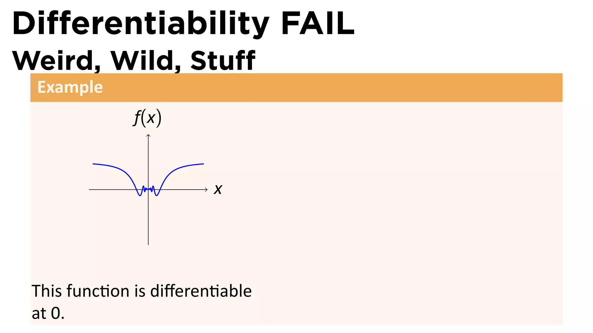 Diﬀerentiability FAIL
Weird, Wild, Stuﬀ
 Example
              f(x)


                .       x




 This func on is diﬀeren able
 at 0.
 