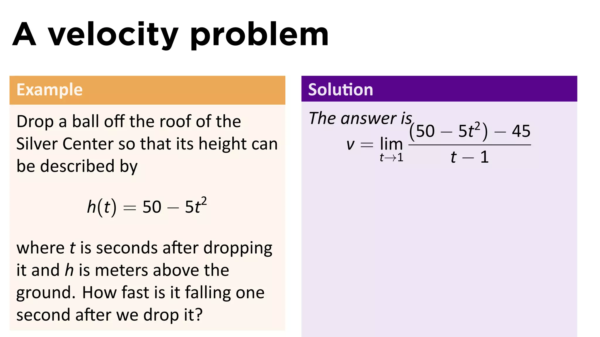 A velocity problem
Example                                Solu on
Drop a ball oﬀ the roof of the         The answer is
                                                    (50 − 5t2 ) − 45
Silver Center so that its height can        v = lim
be described by
                                                t→1      t−1

          h(t) = 50 − 5t2

where t is seconds a er dropping
it and h is meters above the
ground. How fast is it falling one
second a er we drop it?
 
