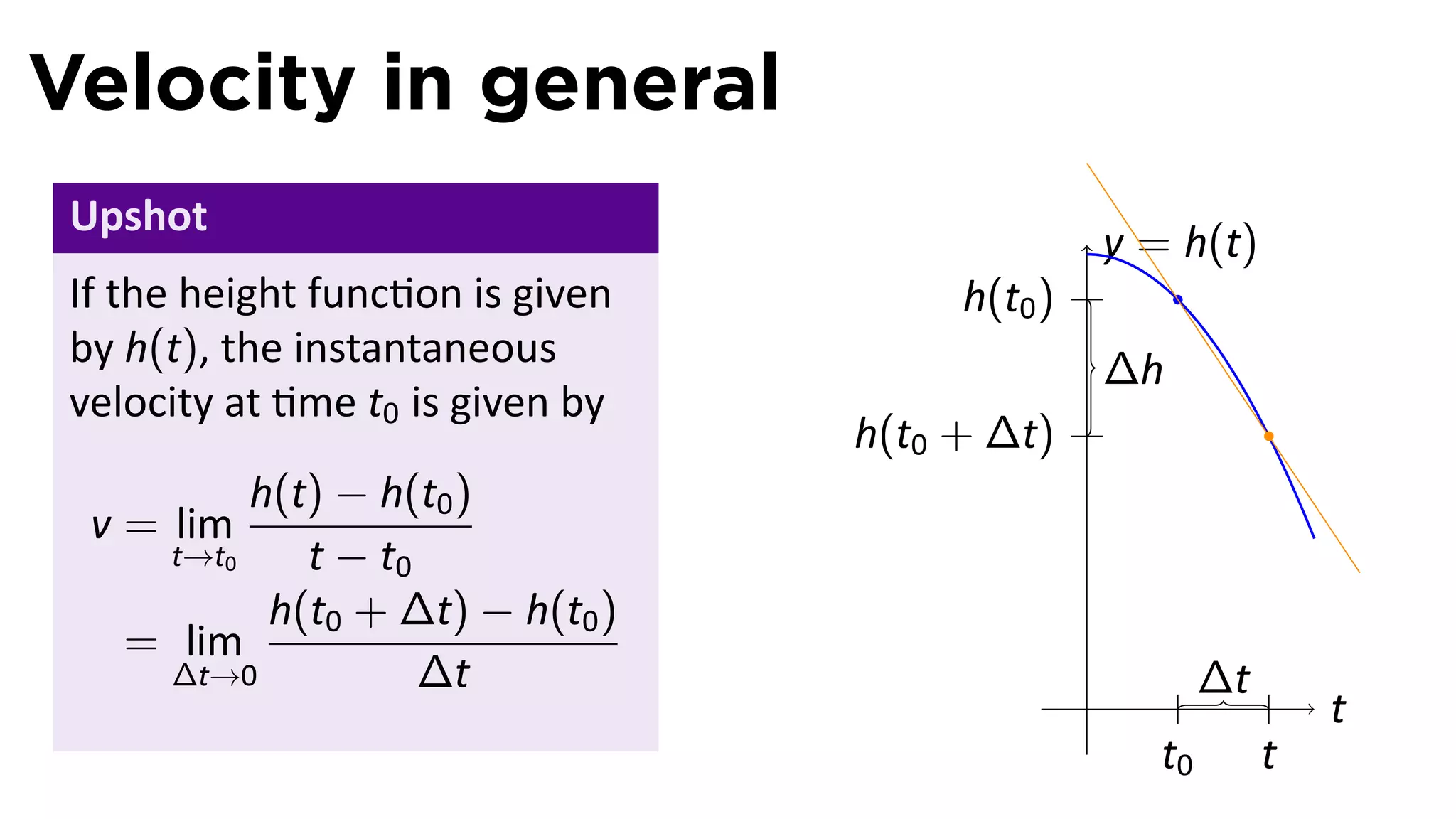 Velocity in general
 Upshot
                                                    y = h(t)
 If the height func on is given        h(t0 )
 by h(t), the instantaneous                         ∆h
 velocity at me t0 is given by
                                  h(t0 + ∆t)
          h(t) − h(t0 )
  v = lim
     t→t0    t − t0
           h(t0 + ∆t) − h(t0 )
    = lim
     ∆t→0           ∆t                          .           ∆t
                                                                     t
                                                       t0        t
 