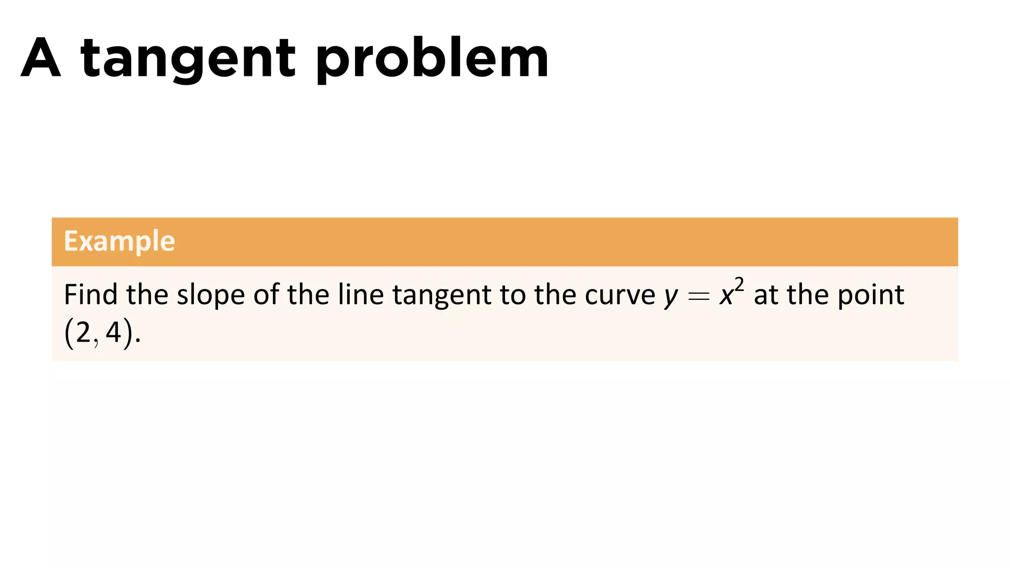 A tangent problem


 Example
 Find the slope of the line tangent to the curve y = x2 at the point
 (2, 4).
 