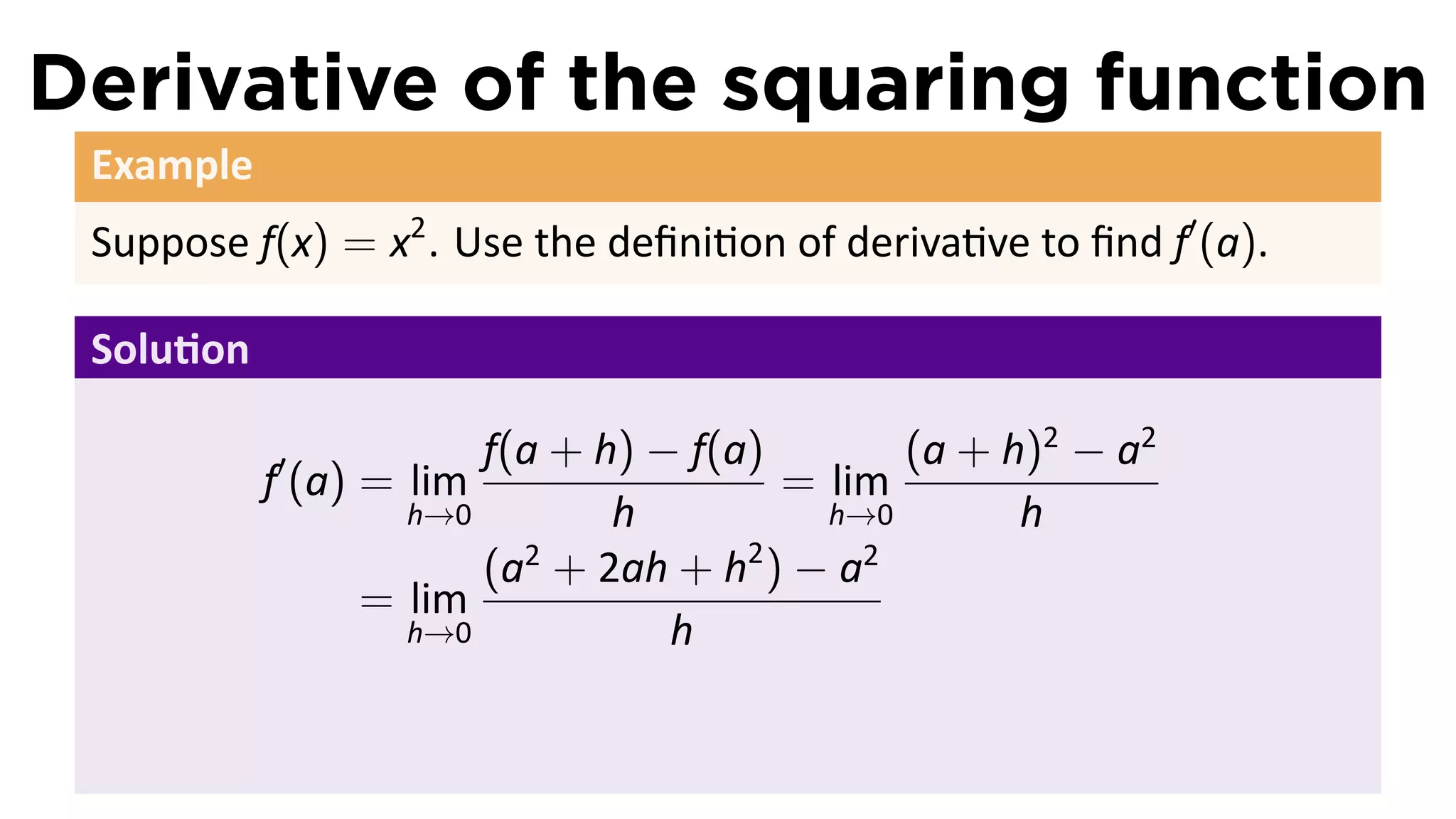 Derivative of the squaring function
 Example
 Suppose f(x) = x2 . Use the deﬁni on of deriva ve to ﬁnd f′ (a).

 Solu on

           ′           f(a + h) − f(a)       (a + h)2 − a2
           f (a) = lim                 = lim
                   h→0        h          h→0       h
                       (a + 2ah + h ) − a
                         2           2     2
                 = lim
                   h→0           h
 