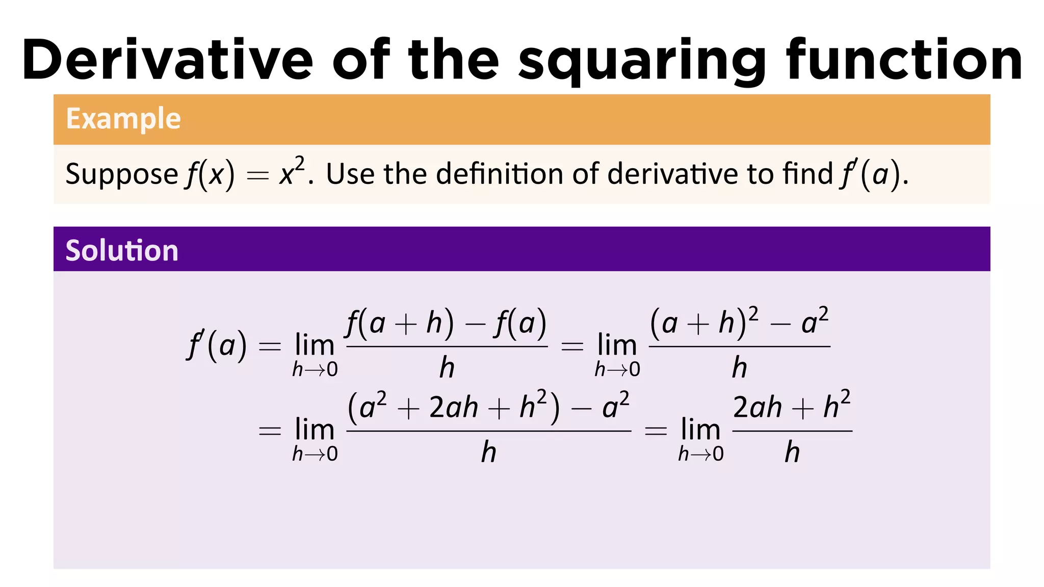Derivative of the squaring function
 Example
 Suppose f(x) = x2 . Use the deﬁni on of deriva ve to ﬁnd f′ (a).

 Solu on

           ′           f(a + h) − f(a)       (a + h)2 − a2
           f (a) = lim                 = lim
                   h→0        h          h→0       h
                       (a + 2ah + h ) − a
                         2           2     2
                                                   2ah + h2
                 = lim                       = lim
                   h→0           h             h→0     h
 