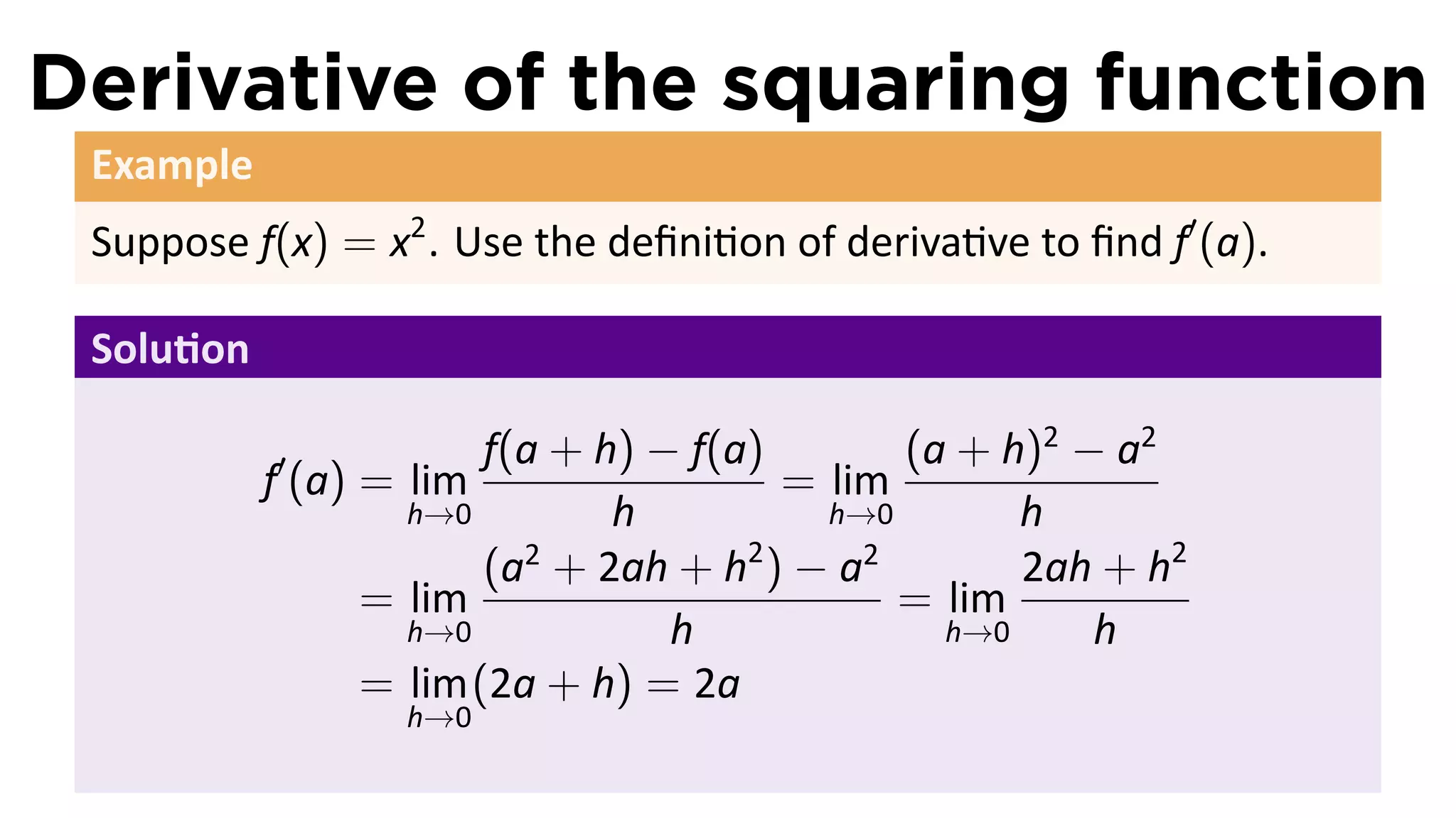 Derivative of the squaring function
 Example
 Suppose f(x) = x2 . Use the deﬁni on of deriva ve to ﬁnd f′ (a).

 Solu on

           ′            f(a + h) − f(a)       (a + h)2 − a2
           f (a) = lim                  = lim
                   h→0         h          h→0       h
                        (a + 2ah + h ) − a
                          2           2     2
                                                    2ah + h2
                 = lim                        = lim
                   h→0            h             h→0     h
                 = lim (2a + h) = 2a
                  h→0
 