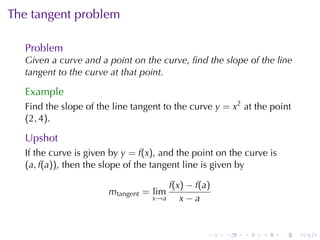 . . . . . .
The	tangent	problem
Problem
Given	a	curve	and	a	point	on	the	curve, ﬁnd	the	slope	of	the	line
tangent	to	the	curve	at	that	point.
Example
Find	the	slope	of	the	line	tangent	to	the	curve y = x2
at	the	point
(2, 4).
Upshot
If	the	curve	is	given	by y = f(x), and	the	point	on	the	curve	is
(a, f(a)), then	the	slope	of	the	tangent	line	is	given	by
mtangent = lim
x→a
f(x) − f(a)
x − a
 