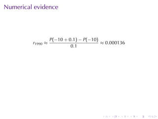 . . . . . .
Numerical	evidence
r1990 ≈
P(−10 + 0.1) − P(−10)
0.1
≈ 0.000136
 