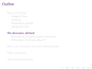 . . . . . .
Outline
Rates	of	Change
Tangent	Lines
Velocity
Population	growth
Marginal	costs
The	derivative, deﬁned
Derivatives	of	(some)	power	functions
What	does f tell	you	about f′
?
How	can	a	function	fail	to	be	differentiable?
Other	notations
The	second	derivative
 