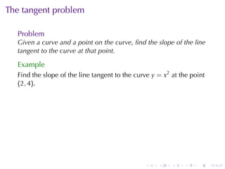 . . . . . .
The	tangent	problem
Problem
Given	a	curve	and	a	point	on	the	curve, ﬁnd	the	slope	of	the	line
tangent	to	the	curve	at	that	point.
Example
Find	the	slope	of	the	line	tangent	to	the	curve y = x2
at	the	point
(2, 4).
 