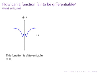 . . . . . .
How	can	a	function	fail	to	be	differentiable?
Weird, Wild, Stuff
. .x
.f(x)
This	function	is	differentiable
at 0.
 