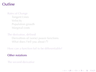 . . . . . .
Outline
Rates	of	Change
Tangent	Lines
Velocity
Population	growth
Marginal	costs
The	derivative, deﬁned
Derivatives	of	(some)	power	functions
What	does f tell	you	about f′
?
How	can	a	function	fail	to	be	differentiable?
Other	notations
The	second	derivative
 
