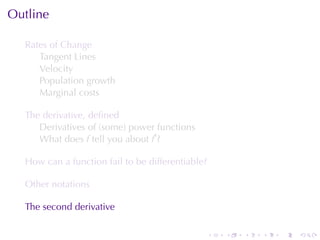 . . . . . .
Outline
Rates	of	Change
Tangent	Lines
Velocity
Population	growth
Marginal	costs
The	derivative, deﬁned
Derivatives	of	(some)	power	functions
What	does f tell	you	about f′
?
How	can	a	function	fail	to	be	differentiable?
Other	notations
The	second	derivative
 