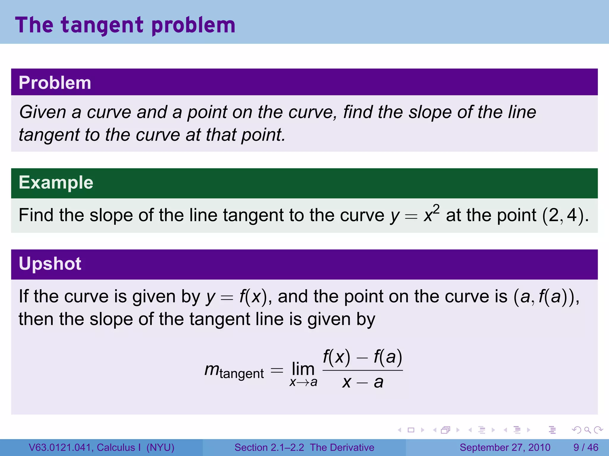 The tangent problem

Problem
Given a curve and a point on the curve, find the slope of the line
tangent to the curve at that point.

Example
Find the slope of the line tangent to the curve y = x2 at the point (2, 4).

Upshot
If the curve is given by y = f(x), and the point on the curve is (a, f(a)),
then the slope of the tangent line is given by

                                                       f(x) − f(a)
                                  mtangent = lim
                                                x→a       x−a

                                                                      .   .    .      .      .     .

 V63.0121.041, Calculus I (NYU)      Section 2.1–2.2 The Derivative           September 27, 2010       9 / 46
 