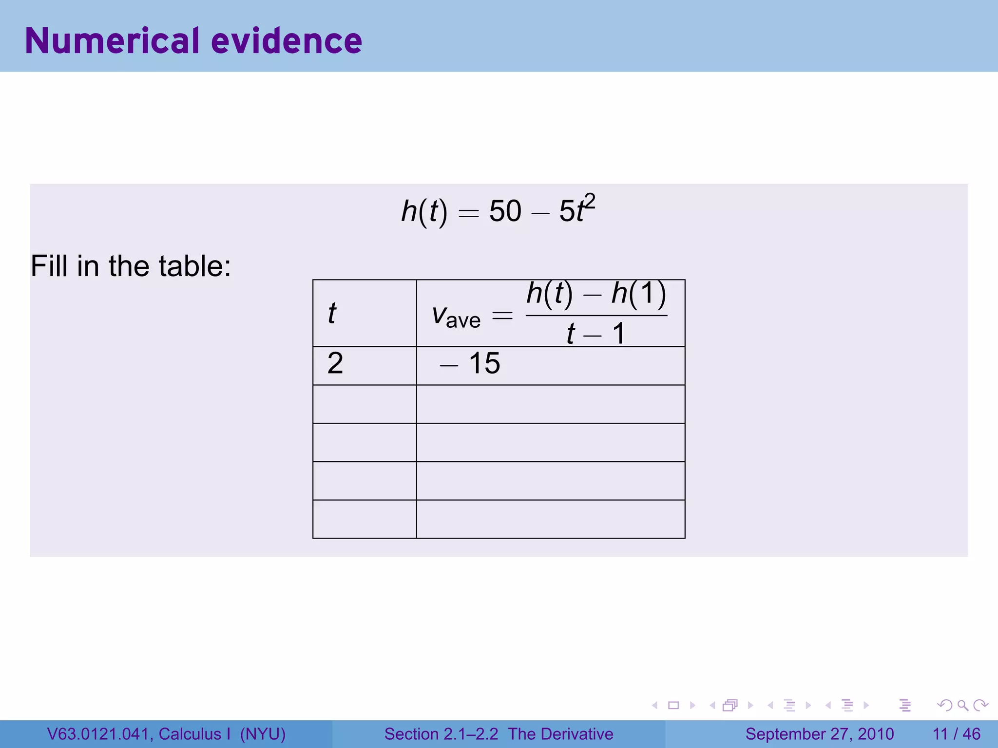 Numerical evidence



                                        h(t) = 50 − 5t2
Fill in the table:
                                                        h(t) − h(1)
                                  t         vave =
                                                           t−1
                                  2         − 15




                                                                       .   .    .      .      .     .

 V63.0121.041, Calculus I (NYU)       Section 2.1–2.2 The Derivative           September 27, 2010   11 / 46
 