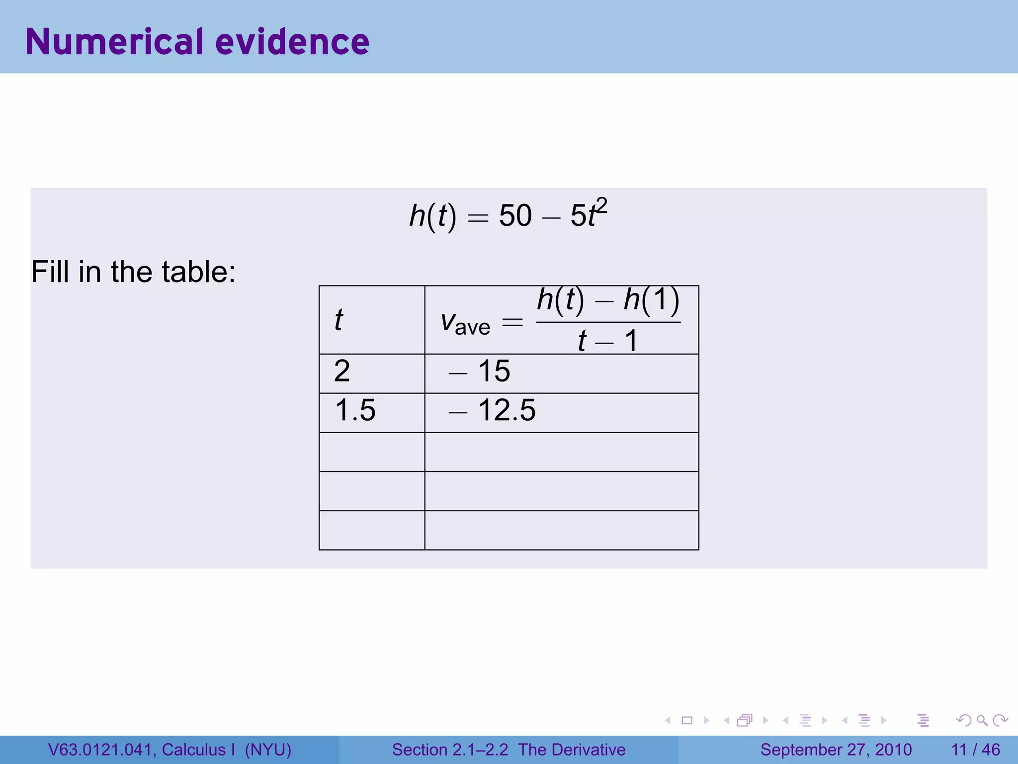 Numerical evidence



                                          h(t) = 50 − 5t2
Fill in the table:
                                                          h(t) − h(1)
                                  t           vave =
                                                             t−1
                                  2           − 15
                                  1.5         − 12.5




                                                                         .   .    .      .      .     .

 V63.0121.041, Calculus I (NYU)         Section 2.1–2.2 The Derivative           September 27, 2010   11 / 46
 
