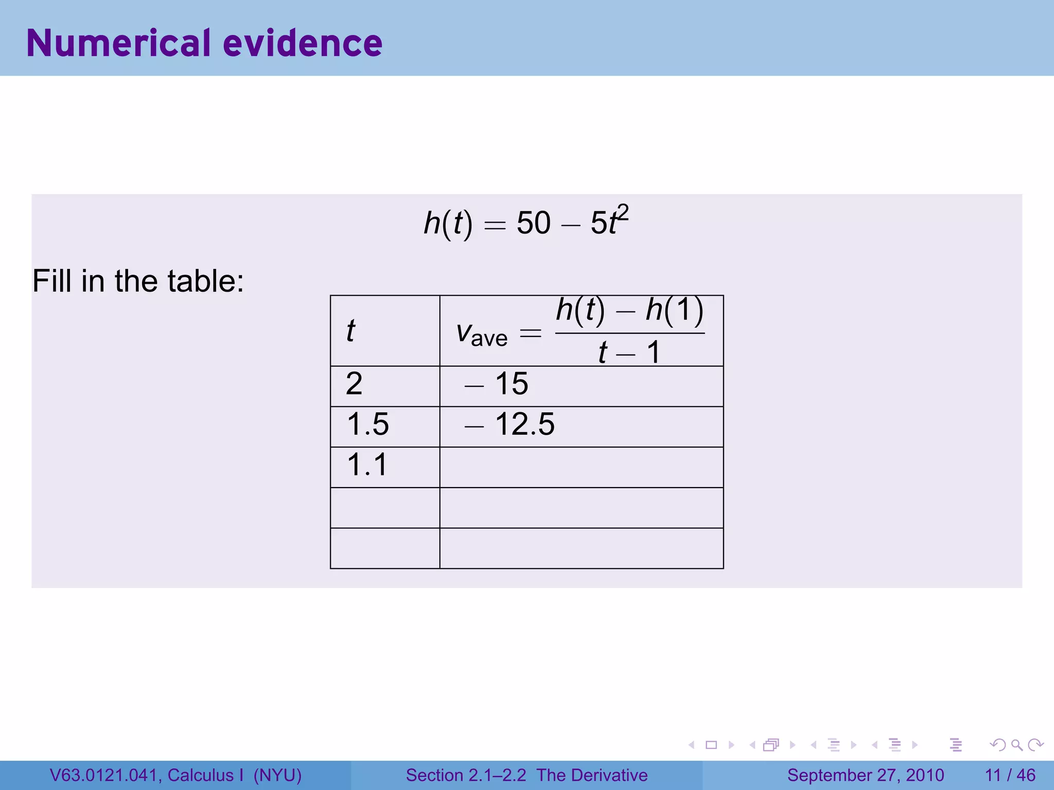 Numerical evidence



                                          h(t) = 50 − 5t2
Fill in the table:
                                                          h(t) − h(1)
                                  t           vave =
                                                             t−1
                                  2           − 15
                                  1.5         − 12.5
                                  1.1




                                                                         .   .    .      .      .     .

 V63.0121.041, Calculus I (NYU)         Section 2.1–2.2 The Derivative           September 27, 2010   11 / 46
 