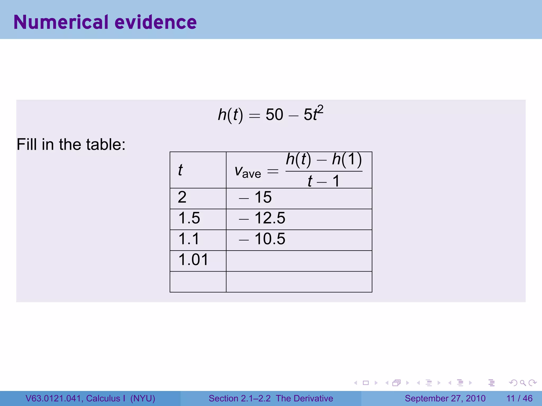 Numerical evidence



                                         h(t) = 50 − 5t2
Fill in the table:
                                                        h(t) − h(1)
                                  t         vave =
                                                           t−1
                                  2         − 15
                                  1.5       − 12.5
                                  1.1       − 10.5
                                  1.01




                                                                       .   .    .      .      .     .

 V63.0121.041, Calculus I (NYU)       Section 2.1–2.2 The Derivative           September 27, 2010   11 / 46
 