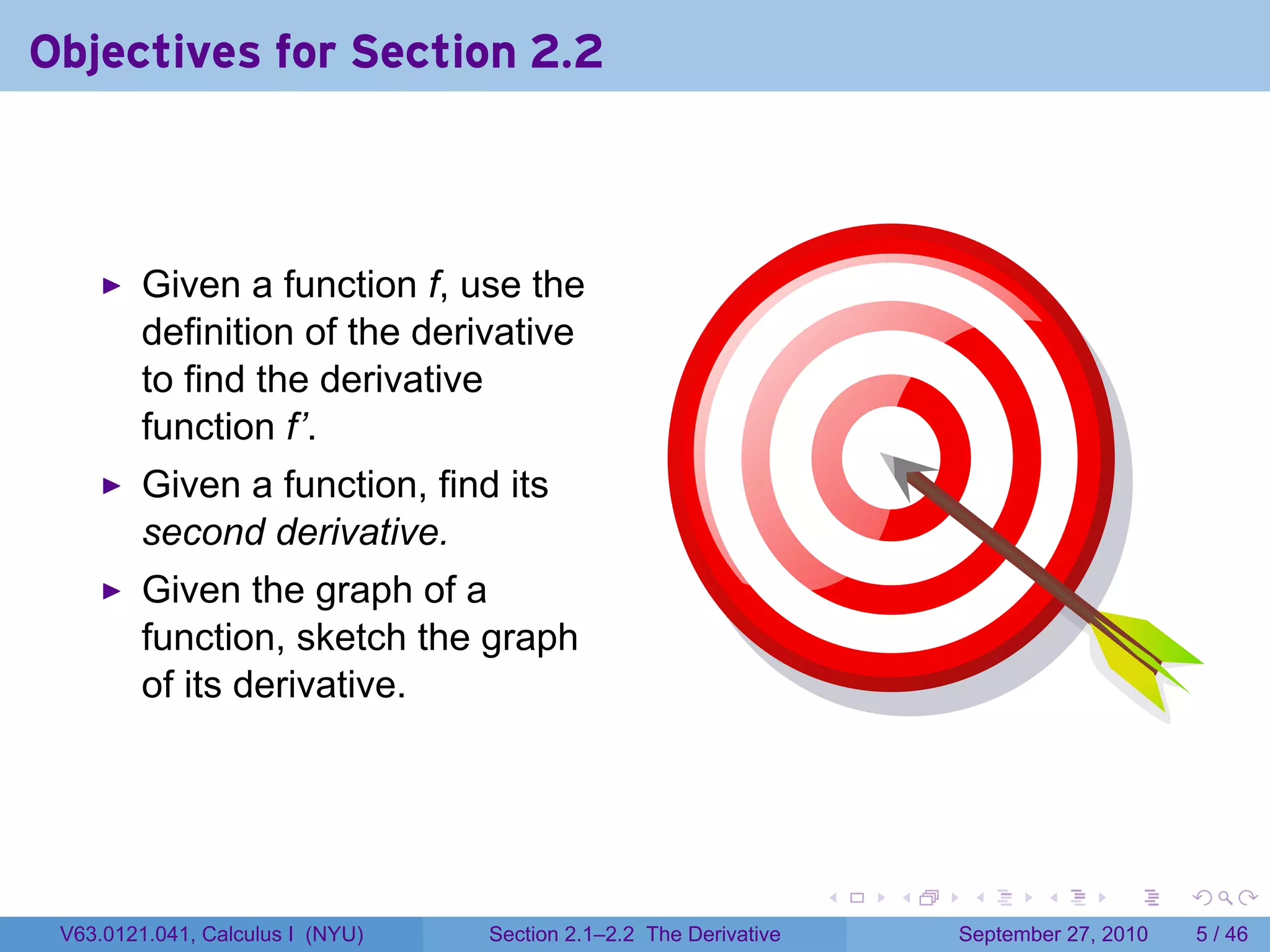 Objectives for Section 2.2



         Given a function f, use the
         definition of the derivative
         to find the derivative
         function f’.
         Given a function, find its
         second derivative.
         Given the graph of a
         function, sketch the graph
         of its derivative.




                                                                   .   .    .      .      .     .

 V63.0121.041, Calculus I (NYU)   Section 2.1–2.2 The Derivative           September 27, 2010       5 / 46
 