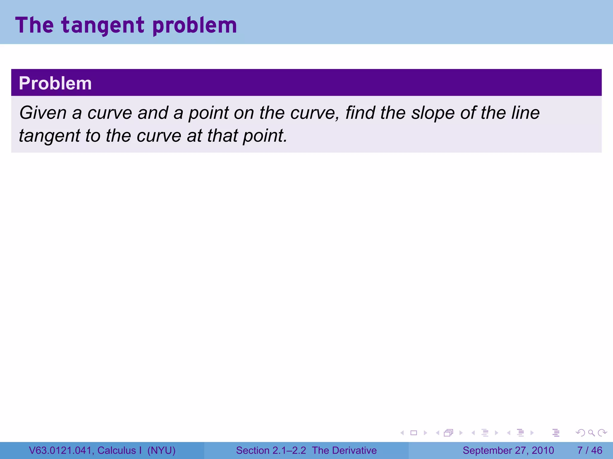 The tangent problem

Problem
Given a curve and a point on the curve, find the slope of the line
tangent to the curve at that point.




                                                                   .   .    .      .      .     .

 V63.0121.041, Calculus I (NYU)   Section 2.1–2.2 The Derivative           September 27, 2010       7 / 46
 