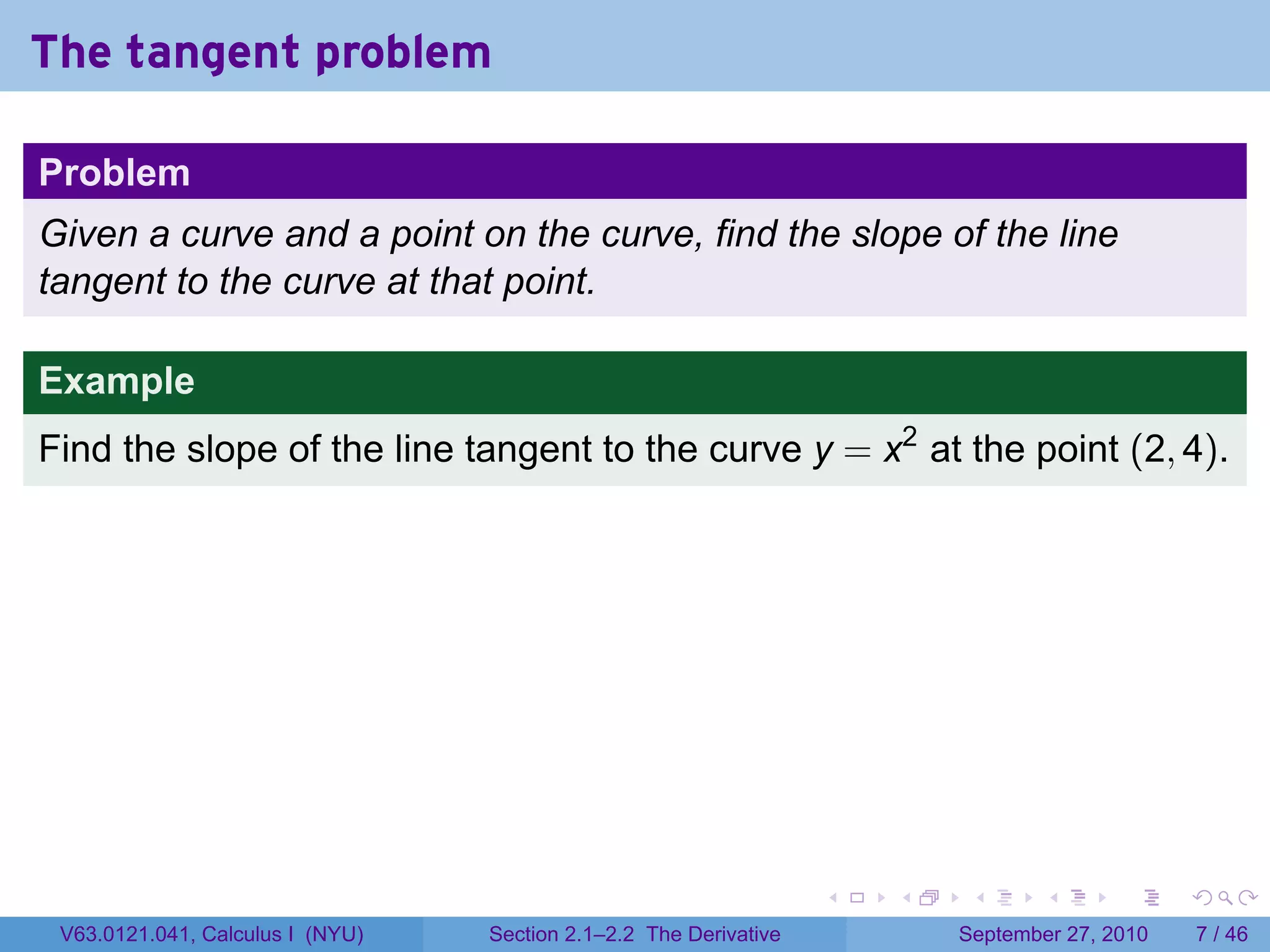The tangent problem

Problem
Given a curve and a point on the curve, find the slope of the line
tangent to the curve at that point.

Example
Find the slope of the line tangent to the curve y = x2 at the point (2, 4).




                                                                   .   .    .      .      .     .

 V63.0121.041, Calculus I (NYU)   Section 2.1–2.2 The Derivative           September 27, 2010       7 / 46
 