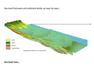 Sea level fluctuates and sediment builds up layer by layer…
Sea-level rises…
 