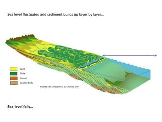 Sea level fluctuates and sediment builds up layer by layer…
Sea-level falls…
 