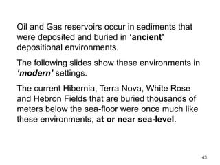 43
Oil and Gas reservoirs occur in sediments that
were deposited and buried in ‘ancient’
depositional environments.
The following slides show these environments in
‘modern’ settings.
The current Hibernia, Terra Nova, White Rose
and Hebron Fields that are buried thousands of
meters below the sea-floor were once much like
these environments, at or near sea-level.
 
