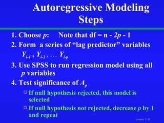 Autoregressive Modeling Steps 1. Choose  p :  Note that df = n -  2p  - 1 2. Form  a series of “lag predictor” variables Y i-1  ,  Y i-2   , …  Y i-p 3. Use SPSS to run regression model using all  p  variables  4. Test significance of  A p If null hypothesis rejected, this model is selected If null hypothesis not rejected, decrease  p  by 1 and repeat 