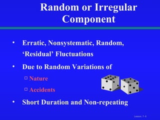 Random or Irregular Component Erratic, Nonsystematic, Random, ‘Residual’ Fluctuations Due to Random Variations of  Nature Accidents Short Duration and Non-repeating 