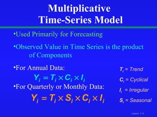 Multiplicative  Time-Series Model Used Primarily for Forecasting Observed Value in Time Series is the product  of Components  For Annual Data: For Quarterly or Monthly Data: T i   = Trend C i   = Cyclical I i   = Irregular S i   = Seasonal 
