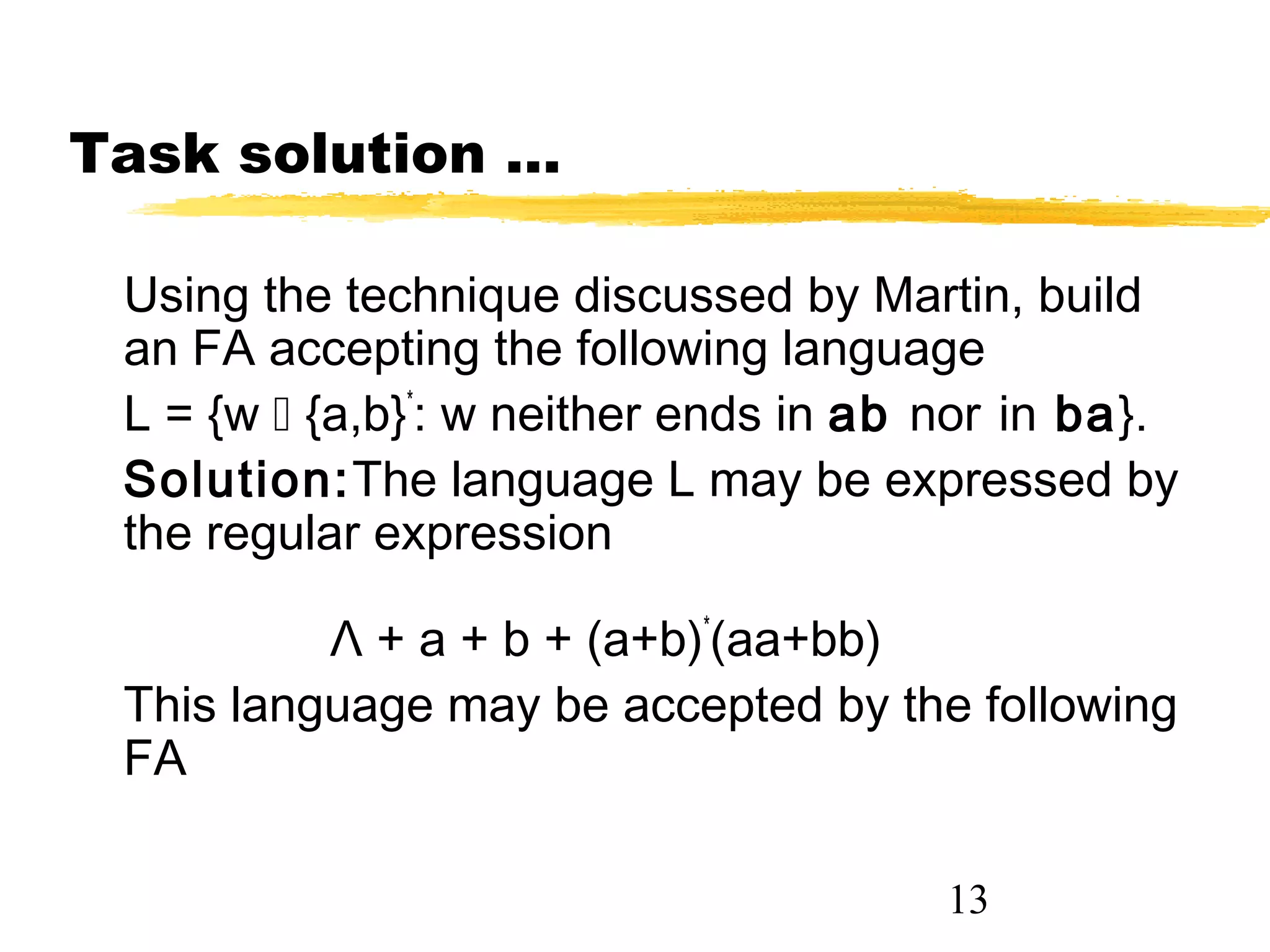 13
Task solution …
Using the technique discussed by Martin, build
an FA accepting the following language
L = {w  {a,b}*
: w neither ends in ab nor in ba}.
Solution:The language L may be expressed by
the regular expression
Λ + a + b + (a+b)*
(aa+bb)
This language may be accepted by the following
FA
 