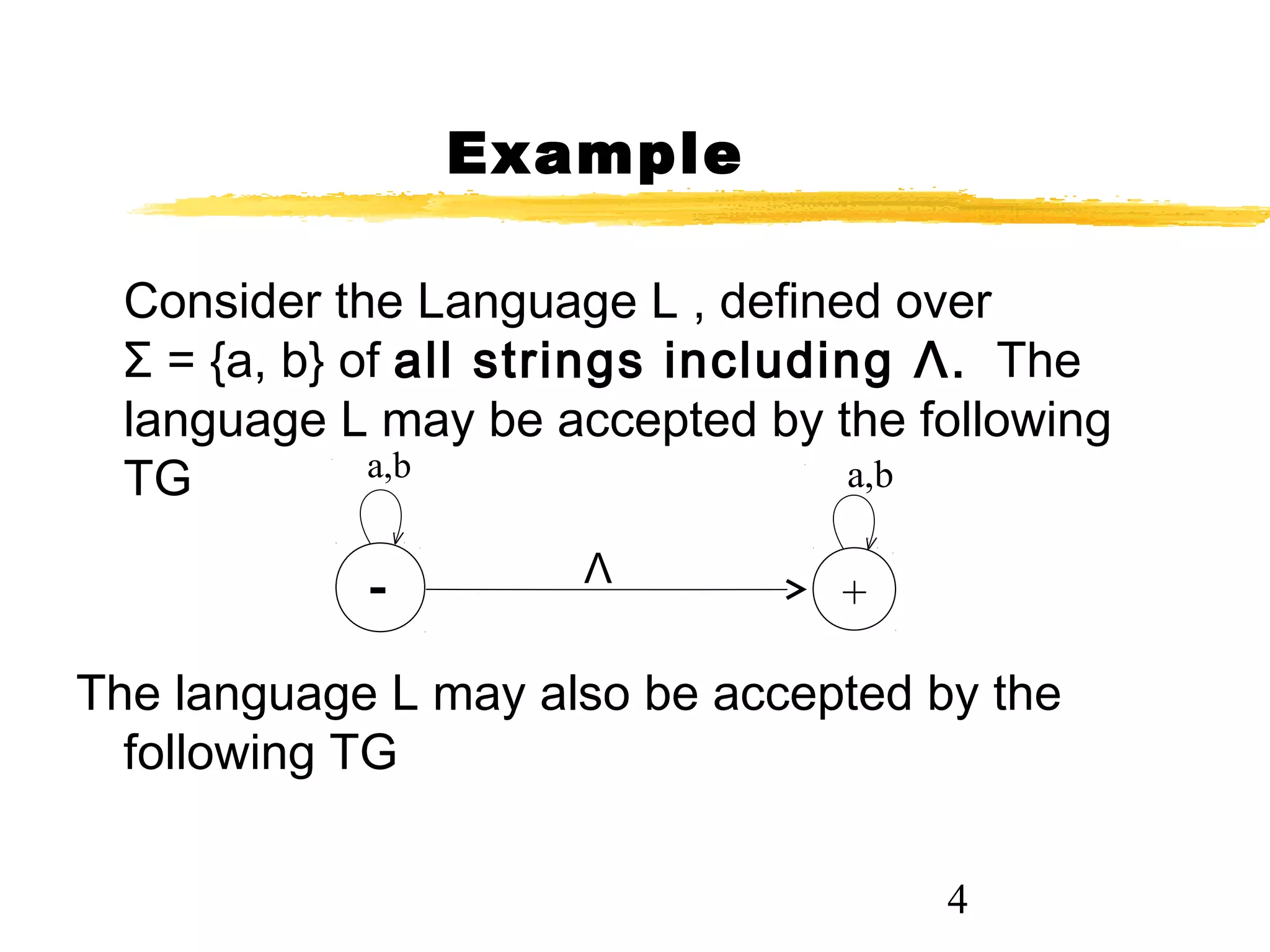 4
Example
Consider the Language L , defined over
Σ = {a, b} of all strings including Λ. The
language L may be accepted by the following
TG
The language L may also be accepted by the
following TG
a,b
+
Λ
a,b
-
 