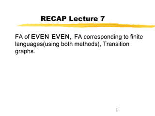 1
RECAP Lecture 7
FA of EVEN EVEN, FA corresponding to finite
languages(using both methods), Transition
graphs.
 