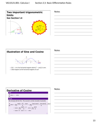 .    V63.0121.001: Calculus I
     .                                                      Sec on 2.3: Basic Diﬀerenta on Rules
                                                                                         .


         Two important trigonometric                                                         Notes
         limits
         See Section 1.4


                                                                   sin θ
                                                               lim .     =1
                                                               θ→0   θ
                                                                 cos θ − 1
                            sin θ θ                         lim            =0
                     θ                                      θ→0      θ
             .
−1                       1 − cos θ     1
     .
                                                                                             .




                                                                                             Notes
         Illustration of Sine and Cosine
                                           y

                                           .                      x
                            π         −π   0       π       π      cos x
                                       2           2
                                                                  sin x


                 f(x) = sin x has horizontal tangents where f′ = cos(x) is zero.
                 what happens at the horizontal tangents of cos?


     .
                                                                                             .




                                                                                             Notes
         Derivative of Cosine
          Fact
           d
             cos x = − sin x
          dx
          Proof.
          We already did the ﬁrst. The second is similar (muta s mutandis):
          d              cos(x + h) − cos x            (cos x cos h − sin x sin h) − cos x
             cos x = lim                      = lim
          dx         h→0           h             h→0                    h
                                 cos h − 1                sin h
                   = cos x · lim            − sin x · lim
                             h→0      h               h→0 h
                   = cos x · 0 − sin x · 1 = − sin x
     .
                                                                                             .

                                                                                                     . 13
.
 