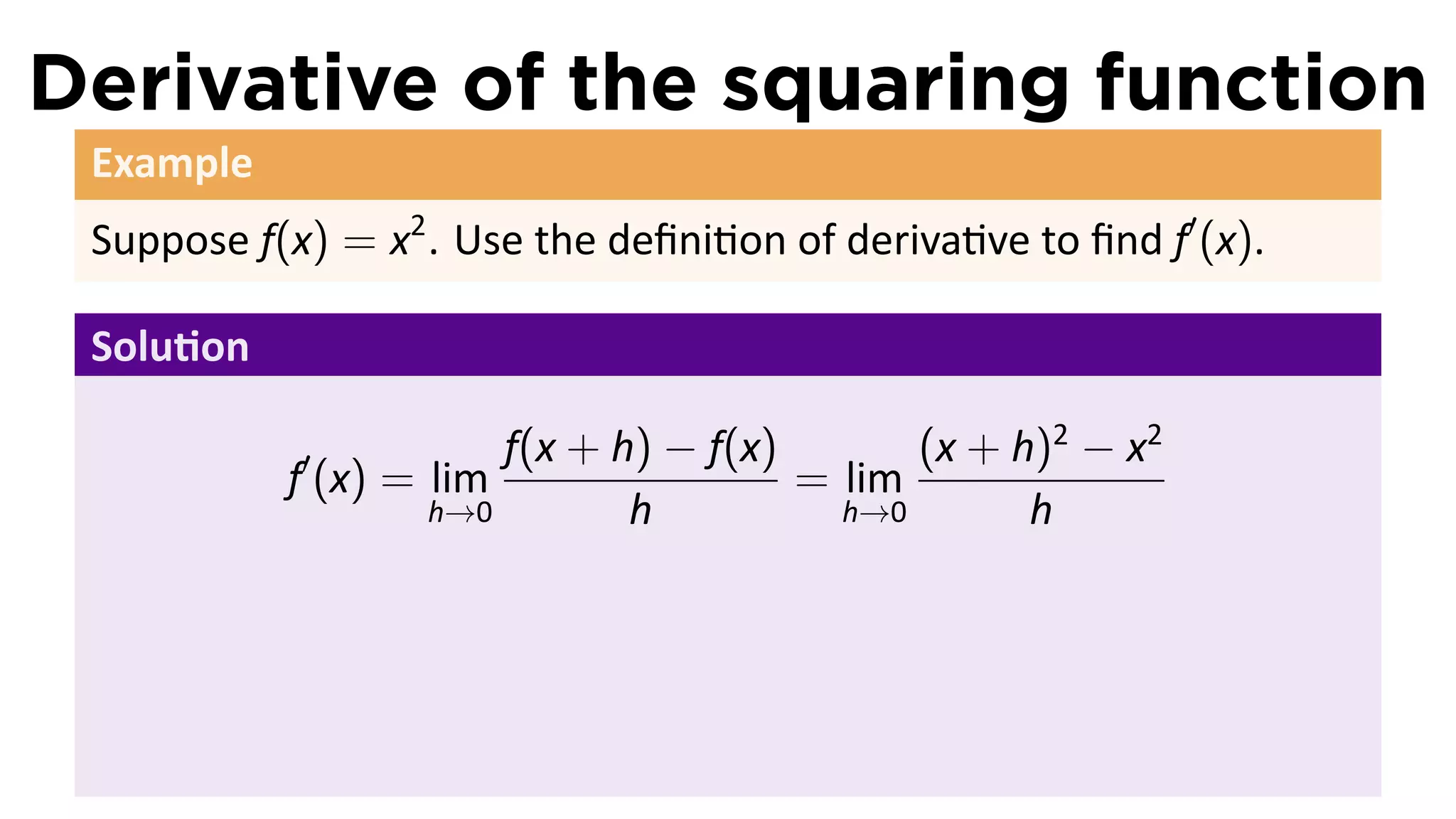 Derivative of the squaring function
 Example
 Suppose f(x) = x2 . Use the deﬁni on of deriva ve to ﬁnd f′ (x).

 Solu on

            ′          f(x + h) − f(x)       (x + h)2 − x2
           f (x) = lim                 = lim
                   h→0        h          h→0       h
 