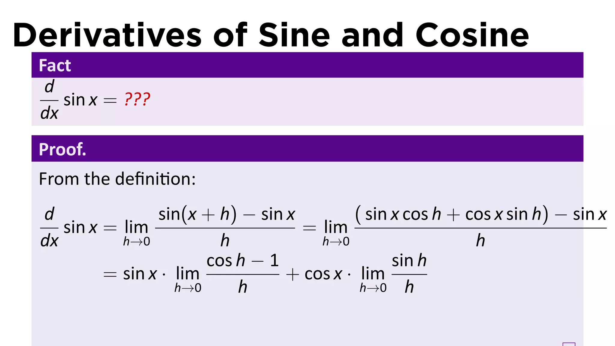 Derivatives of Sine and Cosine
 Fact
  d
    sin x = ???
 dx
 Proof.
 From the deﬁni on:
 d               sin(x + h) − sin x        ( sin x cos h + cos x sin h) − sin x
    sin x = lim                     = lim
 dx         h→0           h           h→0                   h
                        cos h − 1                sin h
          = sin x · lim           + cos x · lim
                    h→0     h               h→0 h
 